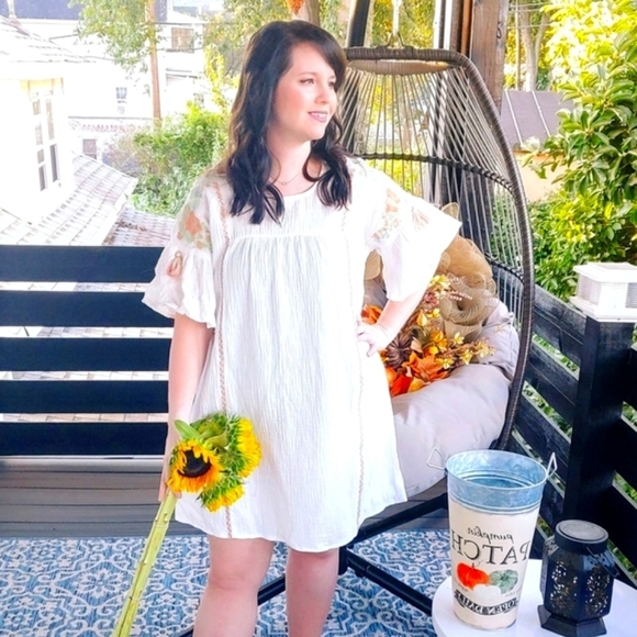 Private Label Dresses & Skirts - Boho Embroidered Shift Dress White Cotton Flowy Festival NWT